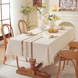 Lifetooler Table Cloths Rectangle Cotton Linen Tassel Tablecloth Waterproof Wrinkle Free Table Cover for Kitchen Dinning Tabletop Decoration(Beige,55 x 55 Inch)