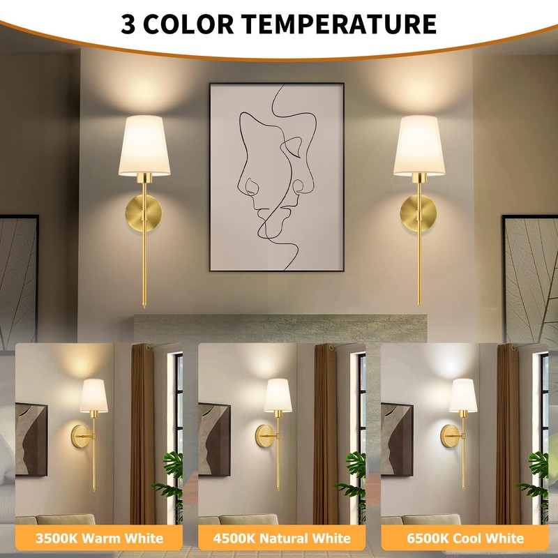 Battery Operated Wall Sconces Set of 2, Gold Rechargeable Wall