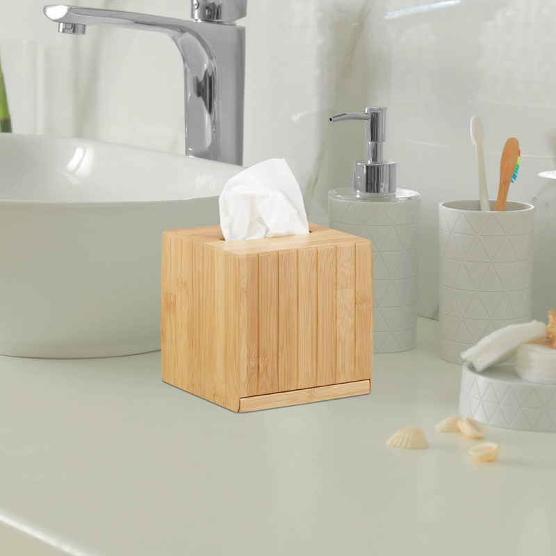 Relaxdays Kosmetiktücherbox quadratisch, Taschentuchbox Holz, Kosmetikbox Bambus, Tücherbox, HBT: 14