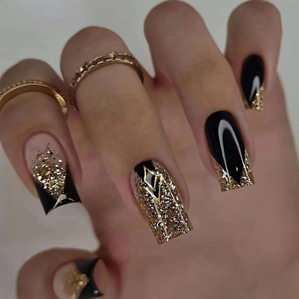 Square False Nails Short Stick On Black Press On Gold Sequins French False Nails Removable Stick on Women Girls Nail Art Accessories 24