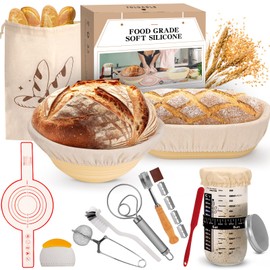 16-Piece sourdough bread baking supplies Set - Foldable Silicone banneton bread proofing basket (Round & Oval) - proofing basket with sourdough tools & jar - Ideal for Home & Pro Bakers