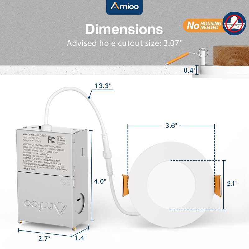 Amico 12 Pack 3 Inch 5CCT Ultra-Thin LED Recessed Ceiling