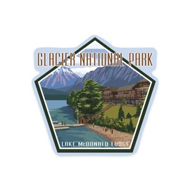 Die Cut Sticker Glacier National Park, Montana, Lake McDonald Lodge, Contour Vinyl Sticker 3 to 6 inches, (Waterproof Decal for Cars, Water Bottles, Laptops, Coolers), Large