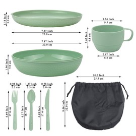 Homquen 6-Piece Camping Mess Kit with Bowl, Plate, Cup, Spoon, Fork, Knife and Carry Bag, Plastic Camping Accessories Essentials Gear for Travel, Camping, Picnic, Outdoor, Easy to Carry & Store