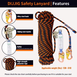 DIJJIG Rope Harness Safety Lanyard 35ft Vertical Roofing Rope with Grab Snap Hooks Shock Absorber Fall Protection Tree Climbing Line Kit Heavy Duty Roof Safety Equipment ANSI CE