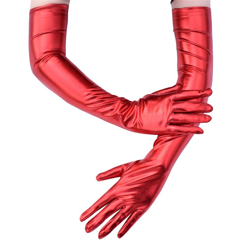 QTECLOR 21‘’Women Long Gloves Stretchy Elbow Red Leather Glove for