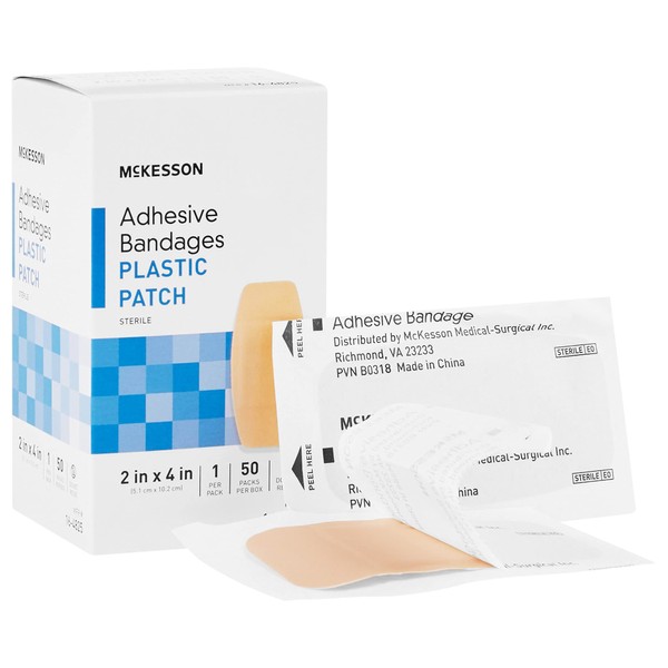 McKesson Adhesive Bandages, Sterile Plastic Patch Rectangle, Tan, 2 in x 4 in, 50 Count, 1 Pack