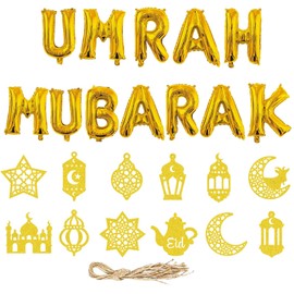 12PCS 16" Gold Foil Umrah Mubarak Balloons with 12 Pendants, Umrah Mubarak Decoration, Eid Mubarak, Ramadan DGold Foil Letter Balloons for Ramadan Muslim Eid Umrah Mubarak Decorations Party Supplies