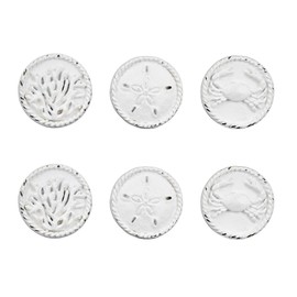SOFFEE DESIGN Set of 6 Metal White Beach Style Cabinet Knobs, Sand Dollar, Crab, Coral Decorative Pull Handle for Door/Cabinet/Drawer, for French/Ocean Beach Vacation Villa Furniture