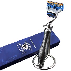 Gillete Fusion Silver Antique men's razor and stainless steel stand, grooming essentials for the modern gentleman, gift for him