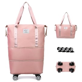 Expandable Carry Luggage Bag with Wheels Foldable Rolling Duffle Bag Large Capacity Dry Wet Separation Travel Bag Lightweight Suitcases for Men Women(Pink)