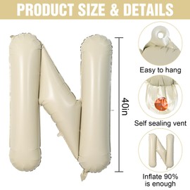 Letter Balloons Beige,40 Inch Letter N Balloons,A-Z Alphabet Name Foil Balloons,Big Single Cream Aluminum N Word Balloons Helium for Birthday,Anniversary,Baby Shower,Wedding Party Supplies Decorations