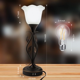 Bedside Lamps Set of 2, Table Lamp with USB Port 3 Way Dimmable Touch lamp Torchiere Nightstand Lamps with Rustic Vines Leaf and Glass Flower Shade lamp for Bedroom, Living Room, Office