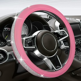 Ongfuwu Bling Diamond Leather Steering Wheel Cover, Sparkly Crystal Rhinestones Auto Wheel Protector for Women Girls, Universal Fit 14-15 inch Steering Wheel, Bling Car Accessories (Pink+White)