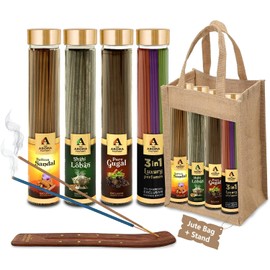 The Aroma Factory Organic Incense Sticks Aromatic Fragrances | Kesar Chandan, Shahi Loban, Gugal & 3in1 | No Charcoal, Scented Incense | Herbal Pooja Agarbatti | 4x100g Jute Bag Giftset
