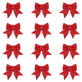 volumoon Pack of 12 Christmas bows, glitter Christmas bows, Christmas wreath, gift bow, large, Christmas tree decoration, tree decoration Christmas for gifts decoration, Christmas parties (red)
