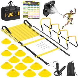 BORNEW Agility Speed Training Equipment Set - 20ft Speed Ladder, 12 Cones, 4 Adjustable Hurdles, Jump Rope, Parachute, Ideal for Basketball, Football, Soccer, for Kids, Youth, Adults