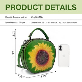 Genuine Leather Vintage Bag for Women: Cowhide Leather Crossbody Purse - Sunflower Embossed Handbag (green)