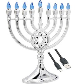 The Dreidel Company Traditional LED Electric Silver Hanukkah Menorah - Battery or USB Powered - Includes a Micro USB 4' Charging Cable