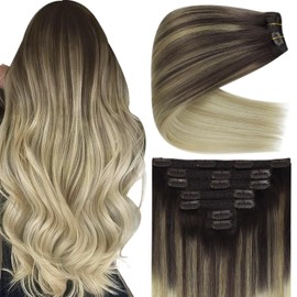 Ve Sunny Clip in Human Hair Extensions Ombre Clip in Extensions Natural Look Human Hair Extensions Clip ins Dark Brown Ombre Golden Blonde Mix Light Blonde Easy to Wear Long Straight 7pcs 120g 24inch