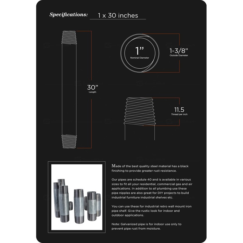 Supply Giant QDHM1030 30" Long Pre-Cut Galvanized Pipe with 1"