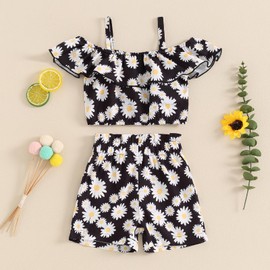 BeQeuewll - Conjunto de 2 piezas de ropa de verano para bebé y niña, diseño floral con volantes, hombros descubiertos, pantalones cortos elásticos para niños y niñas, Negro -, 12-18 Meses