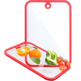 YUGUARD Cutting Board with Red Silicone Edge, 2Pcs Non-Slip Chopping Board Set for Kitchen & Countertop, Dishwasher-Safe with Hanging Hole, Clear Glass Cutting Boards for Meal Prep, Serving