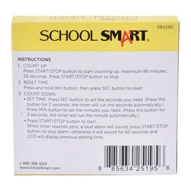 School Smart Count up/Count Down Timer, Digital, (1) AAA Battery, 2-3/4 in W X 2-3/4 in H X 1 in D, Assorted Color, Assorted Size - 084280