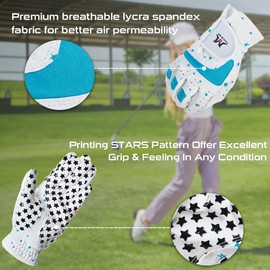 MAZEL Kids Golf Gloves for Junior Boys Girls, Right & Left Hand (1 Pair) Breathable Youth Toddler Golf Gloves, White Red Pink Blue Color,Age 2-8 (Black Stars-Blue, S(Age 2-4))