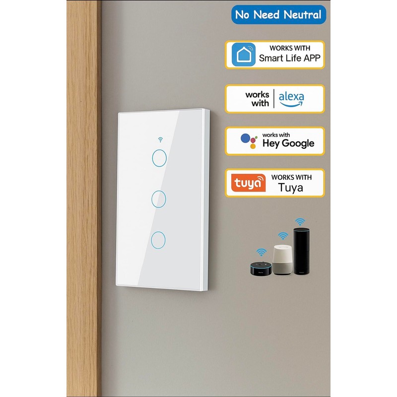 Interruptor de Pared Inteligente WiFi, 3 Vías, Compatible con Alexa,