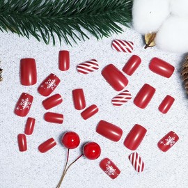 BSLVWG Pack of 24 Christmas False Nails Short, Press on Nails with Snowflake Elk, Square Fake Nails Short with Nail Glue, Christmas Decoration Festival Holiday Nails (05)