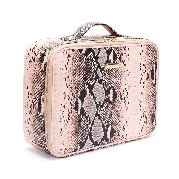 ROWNYEON Snake Print Makeup Bag Organizer Makeup Travel Case Portable Cosmetic Makeup Train Case Storage Bag with Adjustable Dividers Cosmetic Bag for Women, Snake Embossed Pink PU Leather Medium