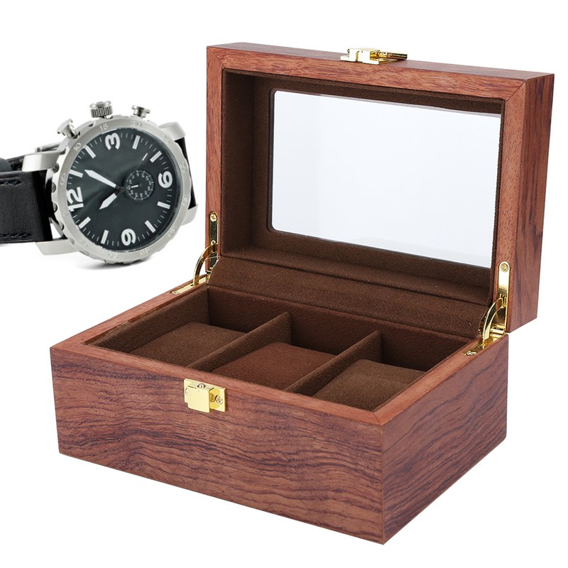 Wooden 3 Grid Watch Display Box Transparent Window Anti‑Slip Watch
