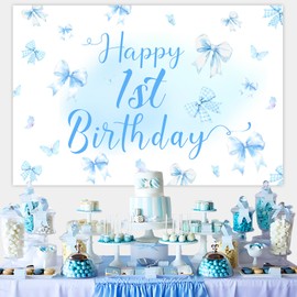 Balterever Bow First Birthday Decorations Blue Bow 1st Birthday Backdrop Banner 4.92 * 3.28ft Coquette Bow Birthday Decorations Bowknot Background Bow Tie Party Decorations for Girl's 1st Birthday