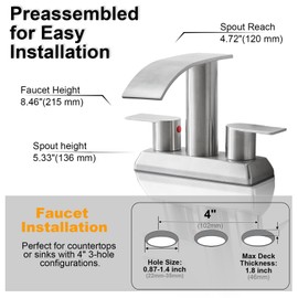 Brushed Nickel Waterfall Bathroom Faucet,2 Handle Stainless Steel 4 inch Bathroom Sink Faucet Modern Waterfall Spout Faucet Lead-Free Bathroom Sink Faucet with Supply Hoses and Pop-up Drain