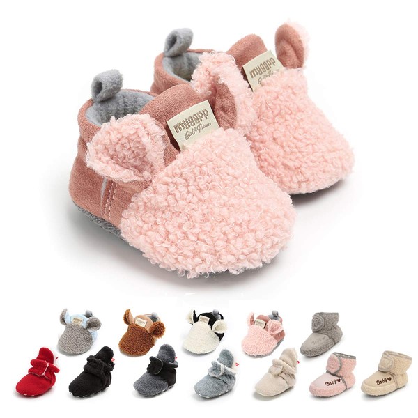 Ohwawadi Infant Baby Girls Slippers Cozy Fleece Booties Soft Bottom Warm Cartoon Socks Newborn Crib Shoes (0-6 Months, A-Pink)