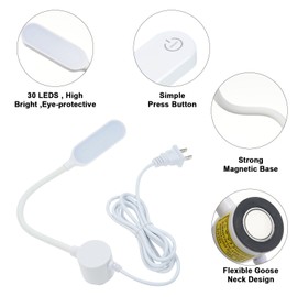 30LEDs Sewing Machine Lamp Dimmable LED Light Fixture Touch Control Adjustable 3 Brightness Levels Magnetic Fixed Base Flexible Bendable Tube for Housework Household Duties Chores