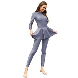 FYMNSI Womens Muslim Swimsuits Reversible Modest Swimwear Full Coverage Rash Guard One Piece Burkini Islamic Bathing Suits, Gray, Small