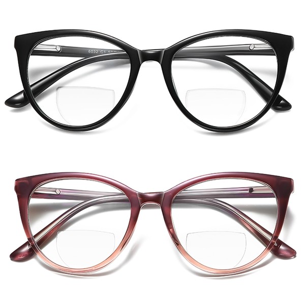 LKEYE-Gafas de lectura bifocales para mujer, con bloqueo de luz azul, lectores progresivos, ojo de gato, marco redondo, parte superior transparente, elegantes, de gran tamaño, para mujer, a la moda, g