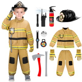 deAO Fireman Costume, Fireman Outfit for 3 4 5 6 7 8 Year Old, Boys Girls Fireman Outfit for 90cm~110cm, Fireman Set for Kids with Dress Up Set with Gloves, Helmet, Hose and Toolbox (BROWN, 100~110CM)