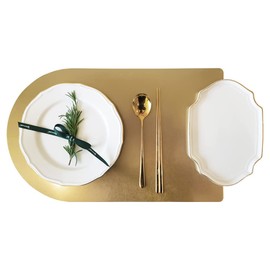 Vernox Luxury Stainless Steel Placemats, Non-Slip, Heat-Resistant, Stain Resistant, Anti-Skid, Waterproof, Wipeable, Washable, Place Mats for Dining Table, Half Moon Shape (Gold, Large, 1EA)