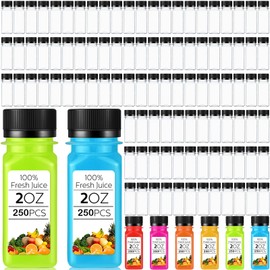 Sliner 250 Pcs 2 oz Plastic Juice Bottles Bulk with Lids, Small Plastic Bottles Clear Containers for Juicing Ginger Shot Cups with Caps Mini Fridge Jars Reusable for Liquids(Black Lid)