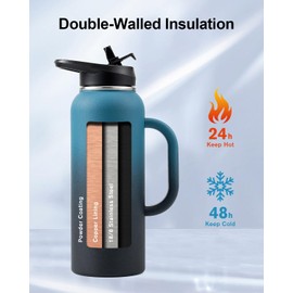 Trebo 40oz Water Bottle Insulated with Handle, Stainless Steel Metal Large Jug,Travel Flask with Straw Spout Lid,Mug Tumbler Cup with Carry Pouch,Keep Cold Hot, Indigo Black