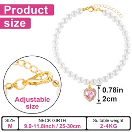 Mxxipp 2pcs Cat Pearl Collar with Heart Pendant, Cute Pearl Pet Necklace in Medium, Adjustable Wedding Party Small Dog Jewelry Accessories for Puppy Kitten- White & Pink