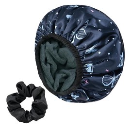 Print Satin Shower Cap, Three-Layer Terry Cloth Lined, with Silk Hair Ties, Microfiber Waterproof Reusable Large Size Shower Cap for Women Long Thick Hair - Color: Navy Astral Print