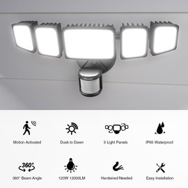 Onforu 120W 12000LM LED Security Lights Motion Sensor Outdoor, Dusk to Dawn Flood Lighting, 5 Heads 360° Wide Angle Illumination, 6500K IP65 Waterproof Hardwired Floodlight Motion Detection (Black)