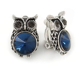 Vintage Inspired Blue/Grey Crystal Owl Clip On Earrings In Aged Silver Tone Metal - 22mm Tall