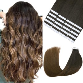 Sindra Tape in Hair Extensions Natural Black Fading to Medium Brown Color #1BT4 Remy Human Hair 14 Inch 50g Seamless PU Skin Weft Tape in Extensions #1BT4 14inch