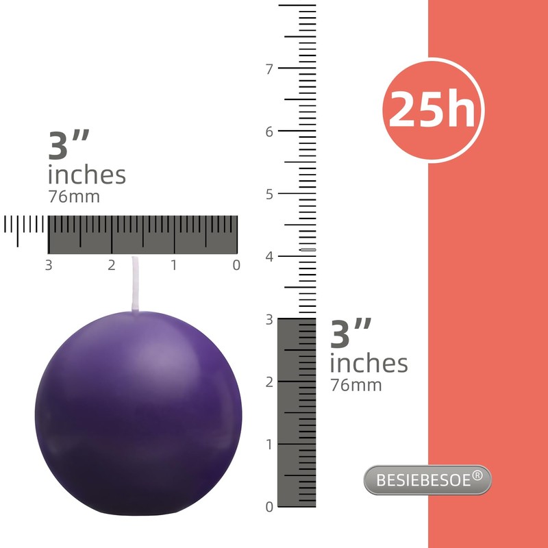 Ball Pillar Candles Set of 3 Purple 3Inch Unscented Handpoured