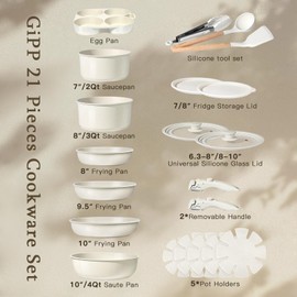 GiPP Ceramic Pots and Pans Set Non Stick, Nonstick Detachable Handle Cookware Sets, Healthy Non Toxic PFAS PFOA & PTFE Free, Dishwasher ＆Oven Safe, Induction Kitchen Pot and Pan, 21 Piece Cream